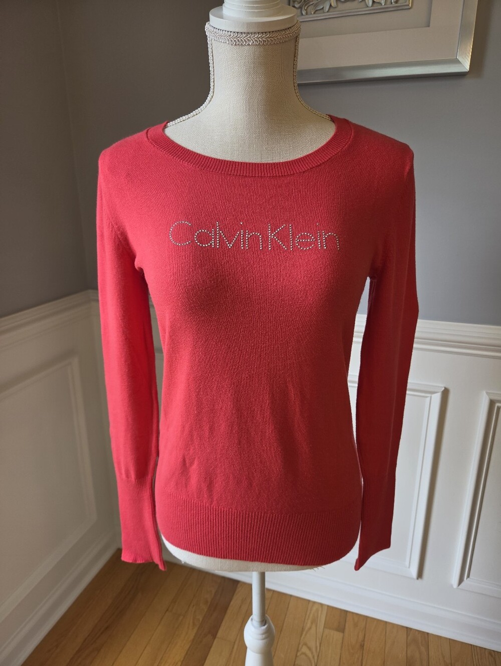 Calvin Klein Pink Fitted Crewneck Pullover Sweater Studded Logo Women's Size XS
